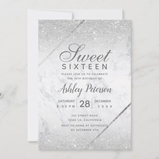 Chic Silver Glitter script marble Sweet 16 Kaart (Voorkant)