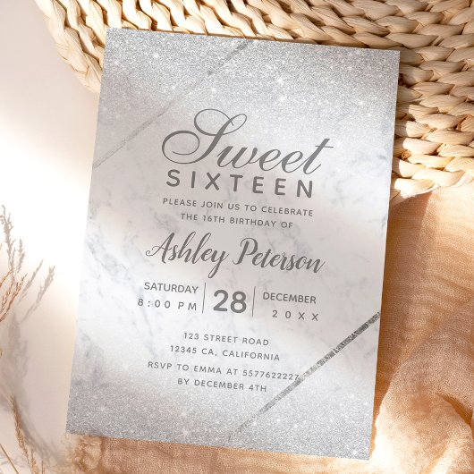 Chic Silver Glitter script marble Sweet 16 Kaart