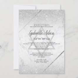 Chic Silver glitter script marmer Bat Mitzvah Kaart
