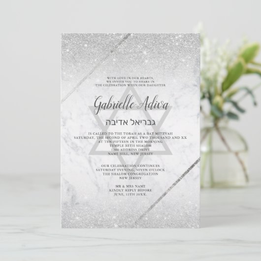 Chic Silver glitter script marmer Bat Mitzvah Kaart (Staand voorkant)