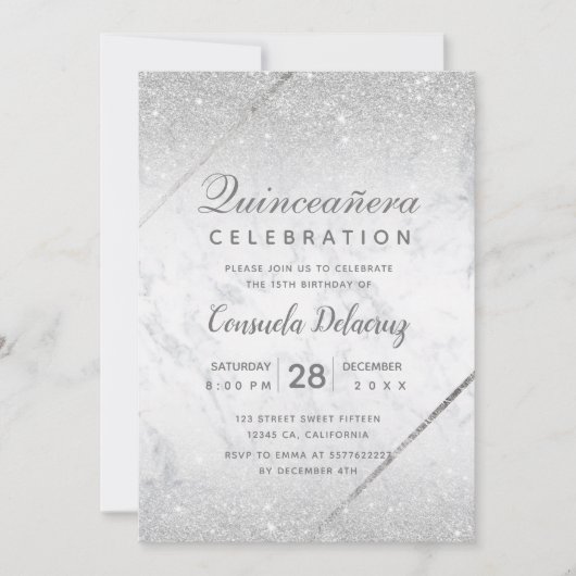 Chic Silver Glitter script marmer Quinceanera Kaart (Voorkant)