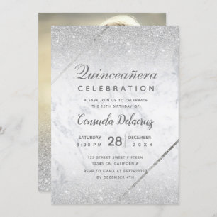 Chic Silver Glitter script marmer Quinceanera Kaart