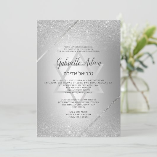 Chic Silver glitter script metallic Bat Mitzvah Kaart (Staand voorkant)