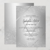 Chic Silver glitter script metallic Bat Mitzvah Kaart (Voorkant / Achterkant)