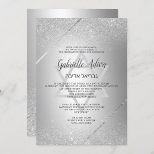 Chic Silver glitter script metallic Bat Mitzvah Kaart