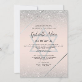 Chic Silver glitter script zwart roze Bat Mitzvah Kaart