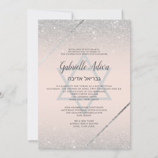 Chic Silver glitter script zwart roze Bat Mitzvah Kaart (Voorkant)