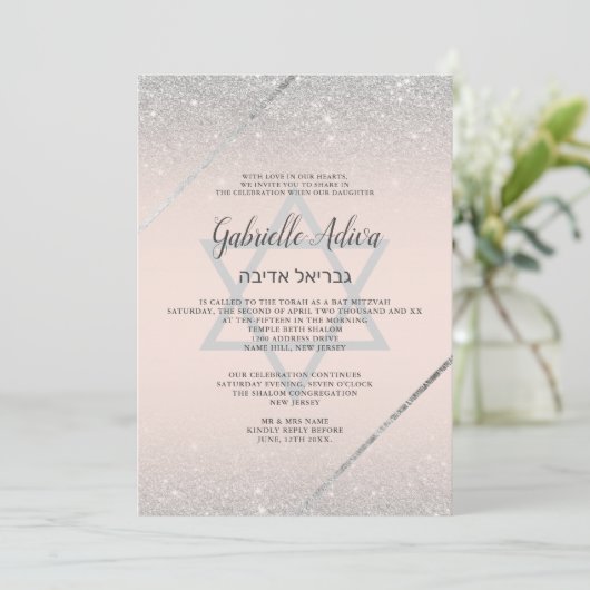Chic Silver glitter script zwart roze Bat Mitzvah Kaart (Staand voorkant)