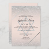 Chic Silver glitter script zwart roze Bat Mitzvah Kaart (Voorkant / Achterkant)