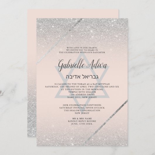 Chic Silver glitter script zwart roze Bat Mitzvah Kaart (Voorkant / Achterkant)