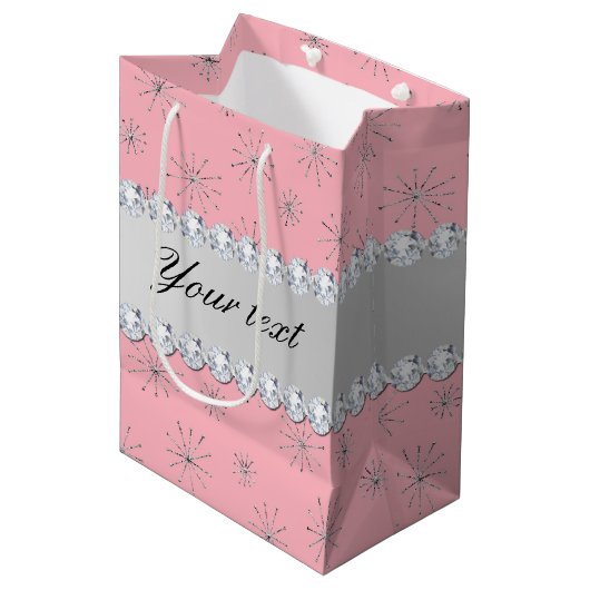 Chic Silver Glitter Snowflakes Roze Medium Cadeauzakje (Voorkant Gekanteld)