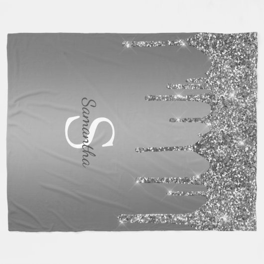 Chic Silver Glitter Sparkle Drift Monogram Naam Fleece Deken (Voorkant (Horizontaal))