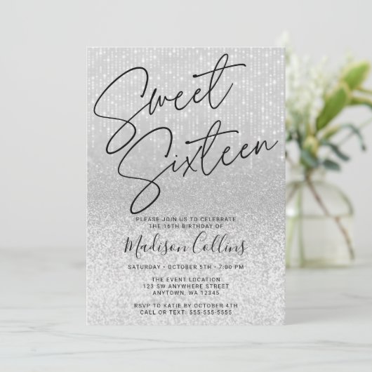 Chic Silver Glitter Sweet 16 Kaart (Staand voorkant)