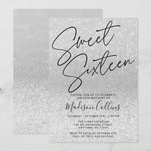 Chic Silver Glitter Sweet 16 Kaart (Voorkant / Achterkant)