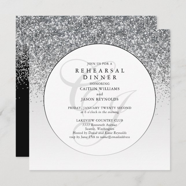 Chic Silver Glitter Wedding Rehearsal Dinner (Voorkant / Achterkant)