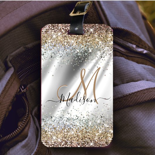 Chic Silver Gold Faux glitter monogram Bagagelabel