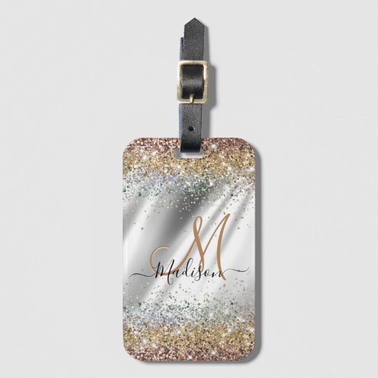 Chic Silver Gold Faux glitter monogram Bagagelabel (Voorkant (verticaal))