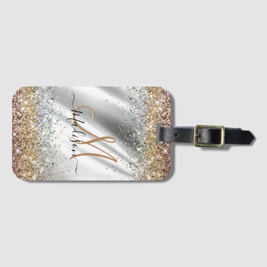 Chic Silver Gold Faux glitter monogram Bagagelabel (Voorkant (horizontaal))