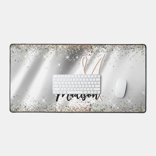 Chic Silver Gold Faux glitter monogram Bureaumat (Keyboard & Muis)