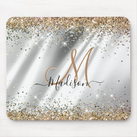 Chic Silver Gold Faux glitter monogram Muismat (Voorkant)