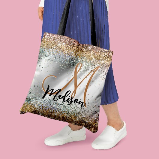 Chic Silver Gold Faux glitter monogram Tote Bag