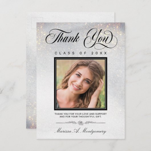Chic Silver Gold Glitter Foto Afstuderen Hartelijk Briefkaart (Voorkant / Achterkant)