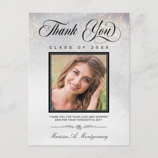 Chic Silver Gold Glitter Foto Afstuderen Hartelijk Briefkaart (Voorkant)