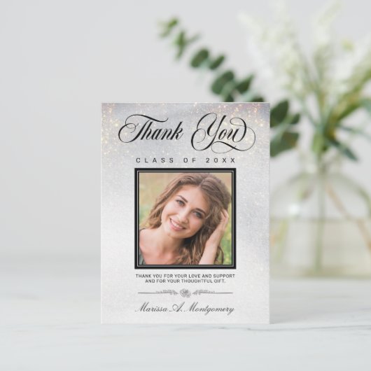 Chic Silver Gold Glitter Foto Afstuderen Hartelijk Briefkaart (Staand voorkant)