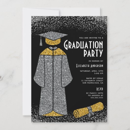 Chic Silver Gold Glitter Graduation Party Kaart (Voorkant)
