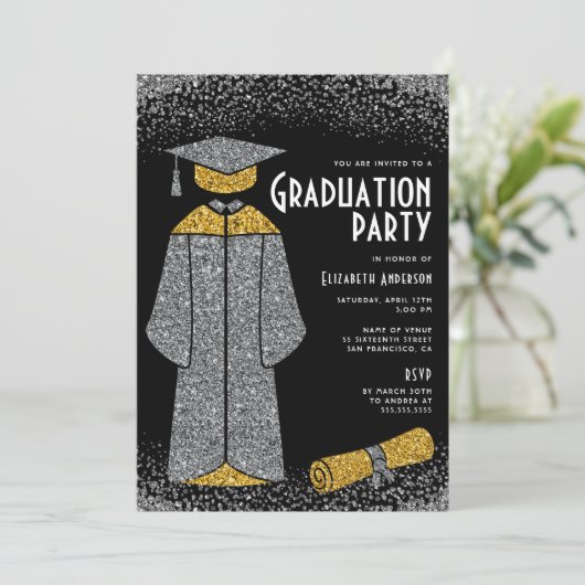Chic Silver Gold Glitter Graduation Party Kaart (Staand voorkant)