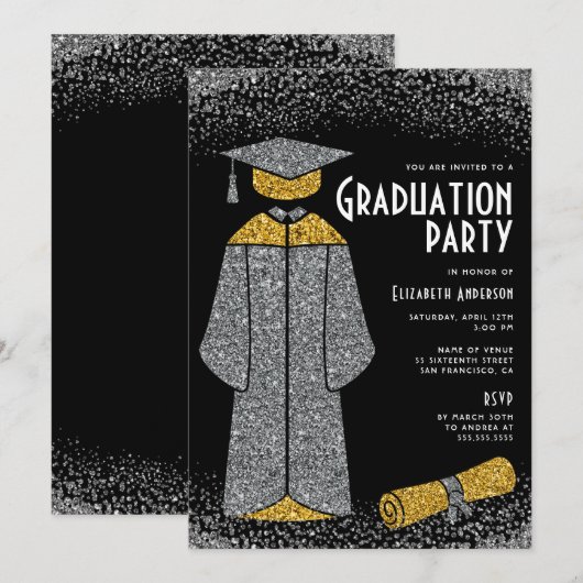 Chic Silver Gold Glitter Graduation Party Kaart (Voorkant / Achterkant)