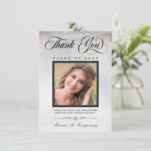 Chic Silver Gold Glitter Photo Afstuderen Bedankkaart (Staand voorkant)