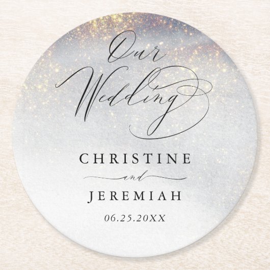 Chic Silver Gold Sparkle Waterverf Luxury Wedding Ronde Kartonnen Onderzetter (Voorkant)