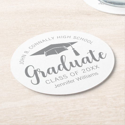 Chic Silver Grey Afstuderen Aangepaste Graduation Ronde Kartonnen Onderzetter (Gebogen)