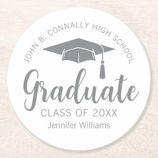 Chic Silver Grey Afstuderen Aangepaste Graduation  Ronde Kartonnen Onderzetter (Voorkant)