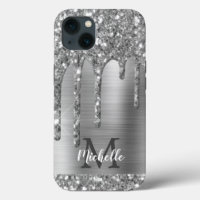 Chic Silver Grey Glitter Drift Monogram Roze Metaa