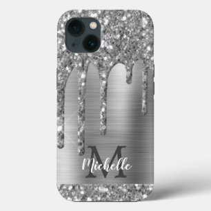Chic Silver Grey Glitter Drift Monogram Roze Metaa Case-Mate iPhone Case