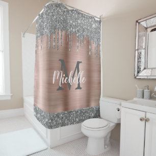 Chic Silver Grey Glitter drukt roze metalen monogr Douchegordijn