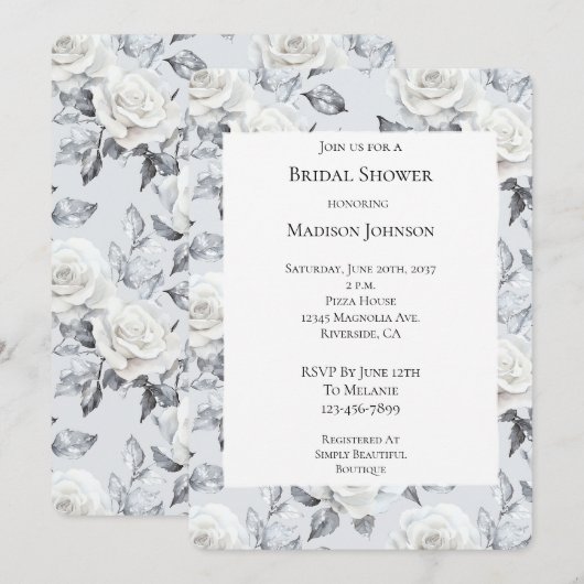 Chic Silver Grey White Rose Bloemen Vrijgezellenfe Kaart (Voorkant / Achterkant)