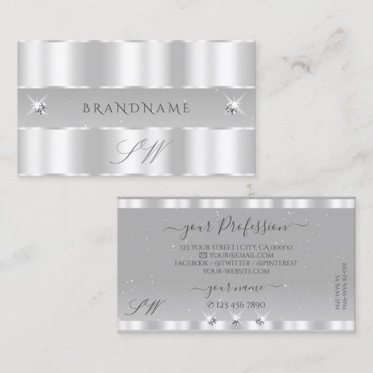 Chic Silver Light Grey Sparging Diamonds Initialen Visitekaartje (Voorkant / Achterkant)