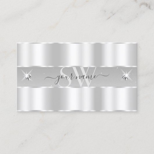 Chic Silver Light Grey Sparging Diamonds Monogram Visitekaartje (Voorkant)