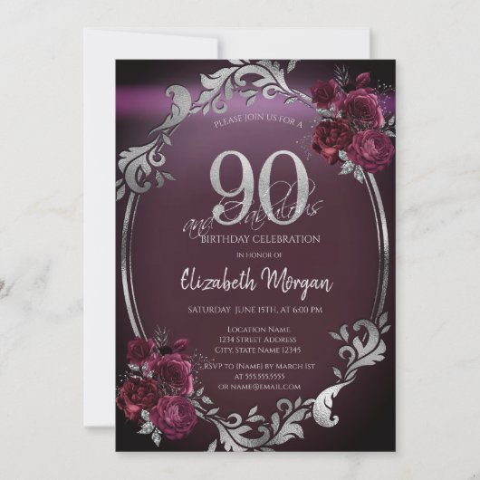 Chic Silver Lijst Bourgogne Rozen 90e verjaardag Kaart (Voorkant)