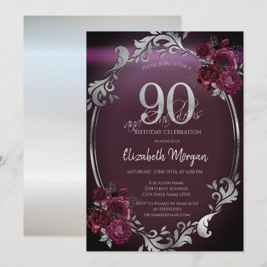 Chic Silver Lijst Bourgogne Rozen 90e verjaardag Kaart (Voorkant / Achterkant)