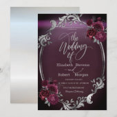 Chic Silver Lijst Bourgogne Rozen bruiloft Kaart (Voorkant / Achterkant)