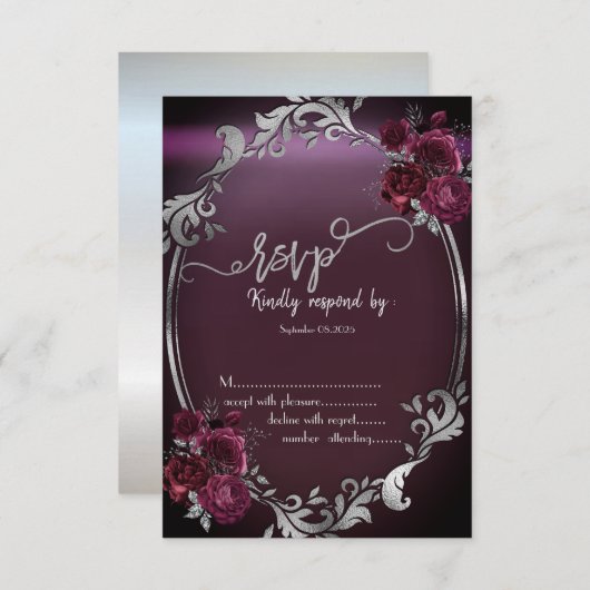 Chic Silver Lijst Bourgogne Rozen RSVP Kaart (Voorkant / Achterkant)