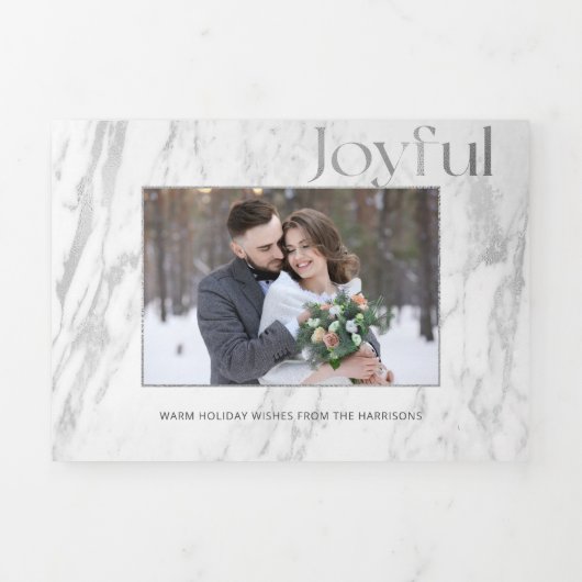 Chic Silver Marble Joyful Typography Foto Drieluik Wenskaart (Cover)