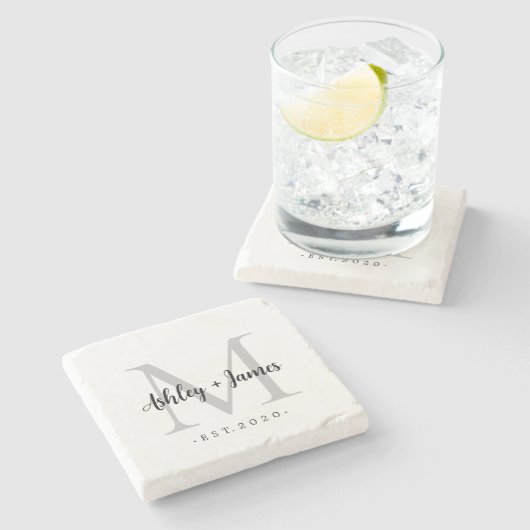 Chic Silver Monogram Script Names WeddenDatum Stenen Onderzetter (Zijkant)