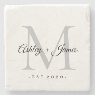 Chic Silver Monogram Script Names WeddenDatum Stenen Onderzetter