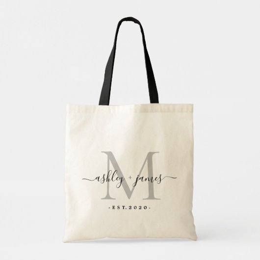 Chic Silver Monogram Script Names WeddenDatum Tote Bag (Achterkant)