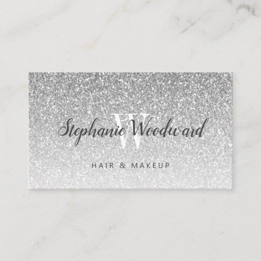 Chic Silver Ombre Glitter Monogram Hair Salon Visitekaartje (Voorkant)